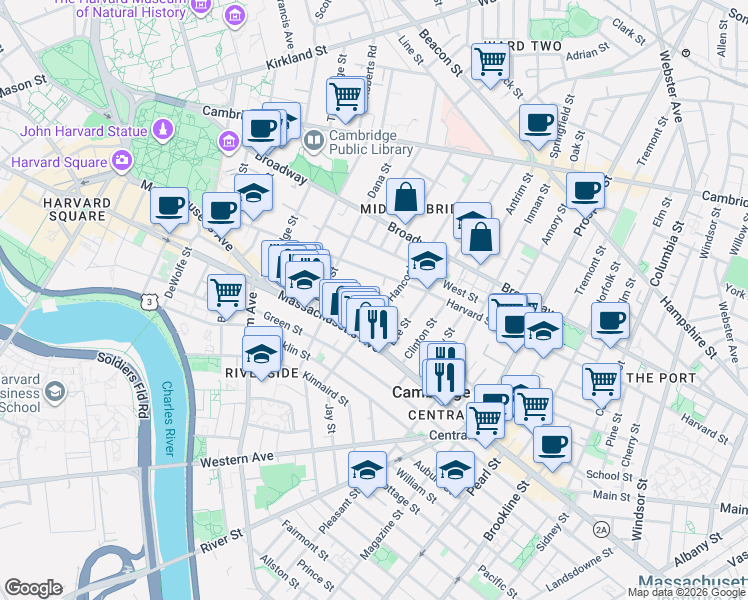 map of restaurants, bars, coffee shops, grocery stores, and more near 106 Hancock Street in Cambridge