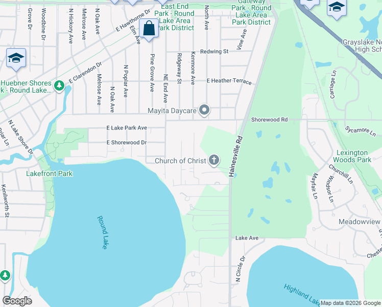 map of restaurants, bars, coffee shops, grocery stores, and more near 1115 North Oak Terrace in Round Lake Beach