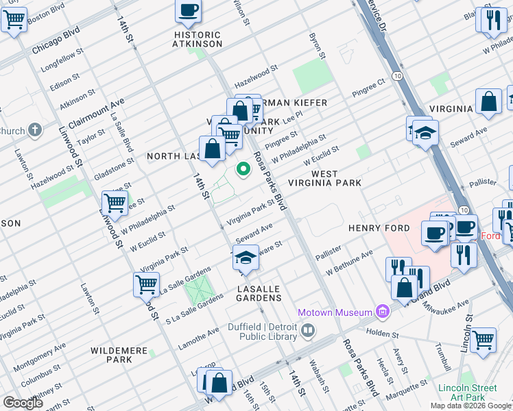 map of restaurants, bars, coffee shops, grocery stores, and more near 2021 Virginia Park Street in Detroit