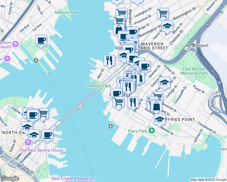 map of restaurants, bars, coffee shops, grocery stores, and more near 125 Sumner Street in Boston