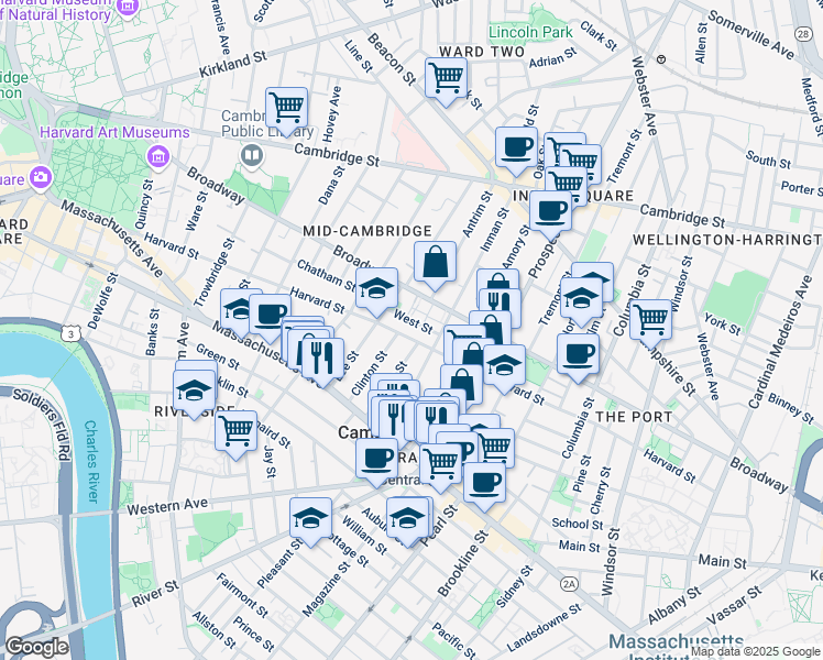 map of restaurants, bars, coffee shops, grocery stores, and more near 287 Harvard Street in Cambridge