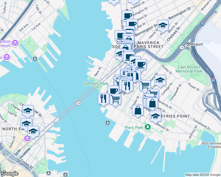 map of restaurants, bars, coffee shops, grocery stores, and more near 125 Sumner Street in Boston