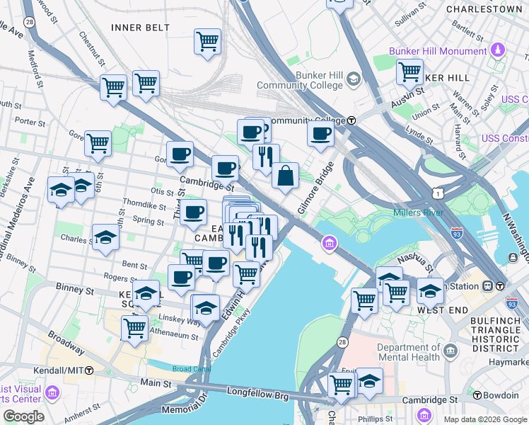 map of restaurants, bars, coffee shops, grocery stores, and more near 4 Canal Park in Cambridge