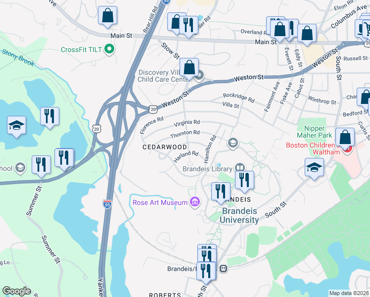 map of restaurants, bars, coffee shops, grocery stores, and more near 93 Cedarwood Avenue in Waltham