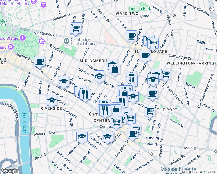 map of restaurants, bars, coffee shops, grocery stores, and more near 17 Bigelow Street in Cambridge