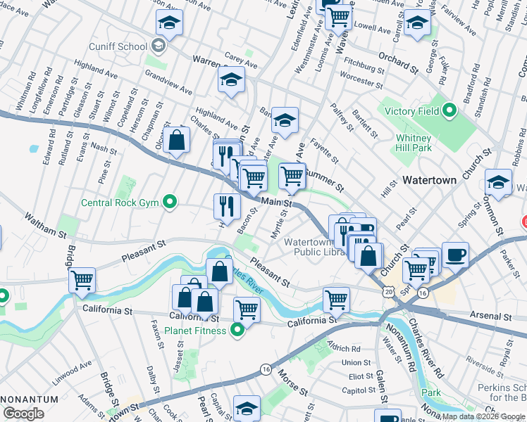 map of restaurants, bars, coffee shops, grocery stores, and more near 13 French Street in Watertown