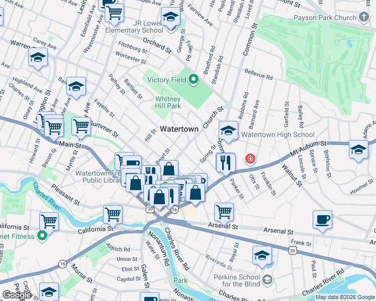 map of restaurants, bars, coffee shops, grocery stores, and more near 87 Church Street in Watertown