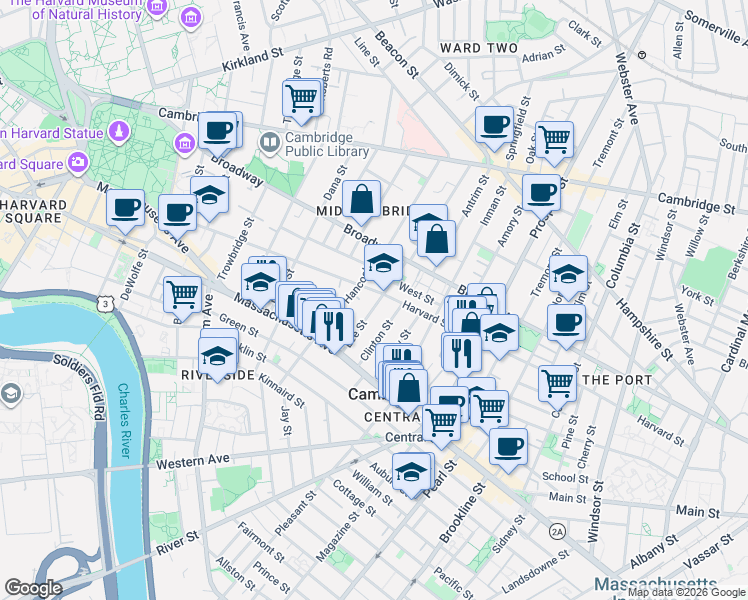 map of restaurants, bars, coffee shops, grocery stores, and more near 39 Lee St in Mid-Cambridge