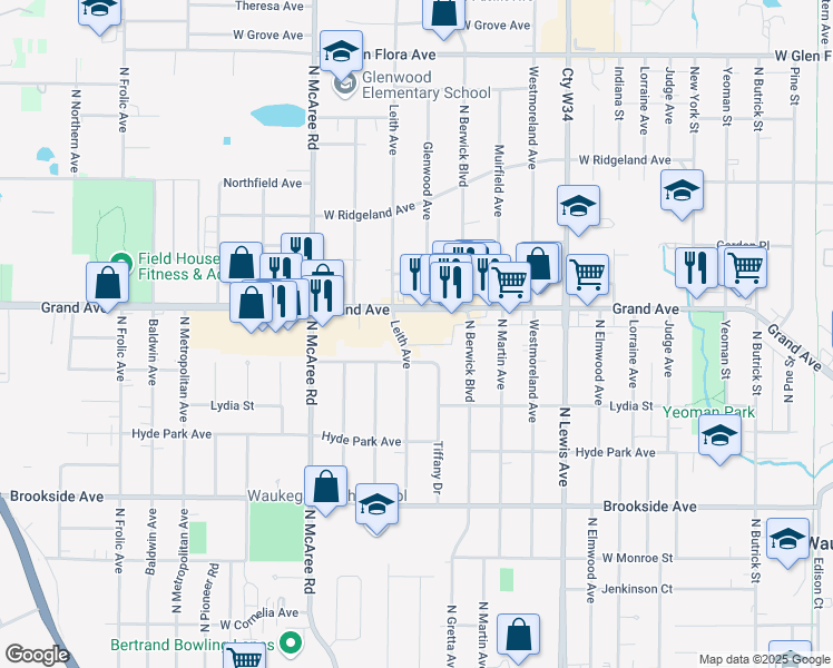 map of restaurants, bars, coffee shops, grocery stores, and more near 2323 Grand Avenue in Waukegan