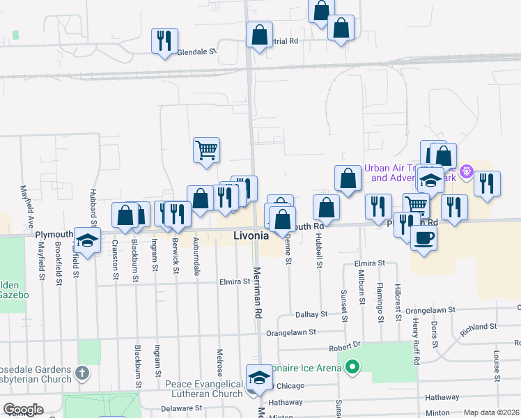 map of restaurants, bars, coffee shops, grocery stores, and more near 11700 Merriman Road in Livonia