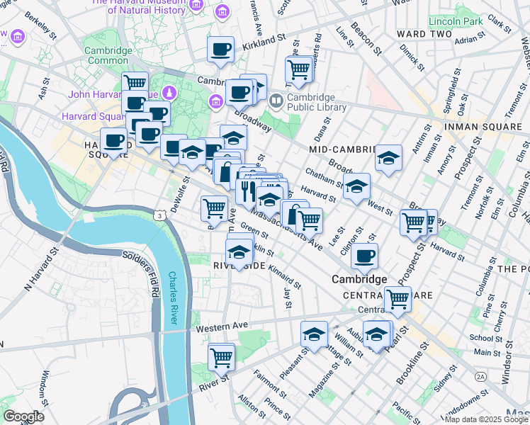 map of restaurants, bars, coffee shops, grocery stores, and more near 629 Green Street in Cambridge