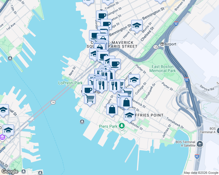 map of restaurants, bars, coffee shops, grocery stores, and more near 17 South Bremen Street in Boston