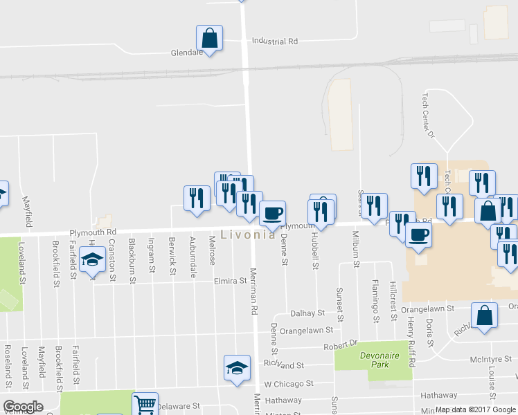 map of restaurants, bars, coffee shops, grocery stores, and more near 11700 Merriman Road in Livonia