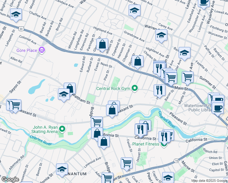 map of restaurants, bars, coffee shops, grocery stores, and more near 26 Brandley Road in Watertown