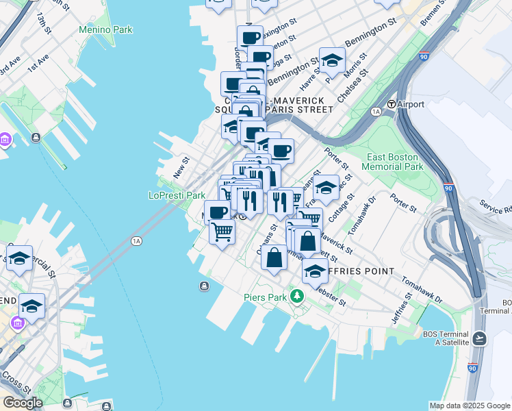 map of restaurants, bars, coffee shops, grocery stores, and more near 17 South Bremen Street in Boston