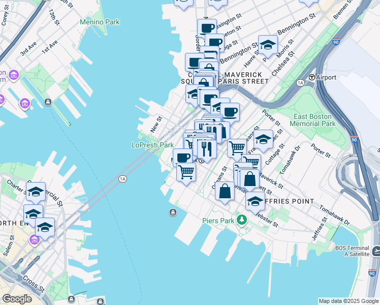 map of restaurants, bars, coffee shops, grocery stores, and more near 9-11 Maverick Square in Boston