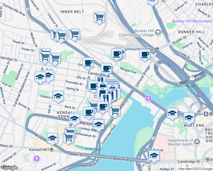 map of restaurants, bars, coffee shops, grocery stores, and more near in Cambridge