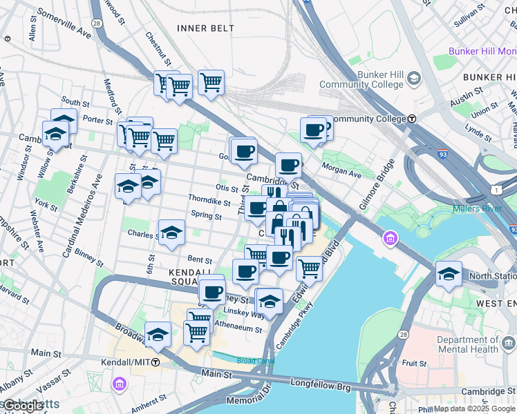 map of restaurants, bars, coffee shops, grocery stores, and more near 30 Spring Street in Cambridge