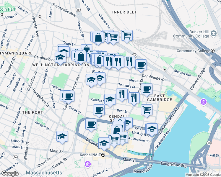 map of restaurants, bars, coffee shops, grocery stores, and more near 341 Hurley Street in Cambridge