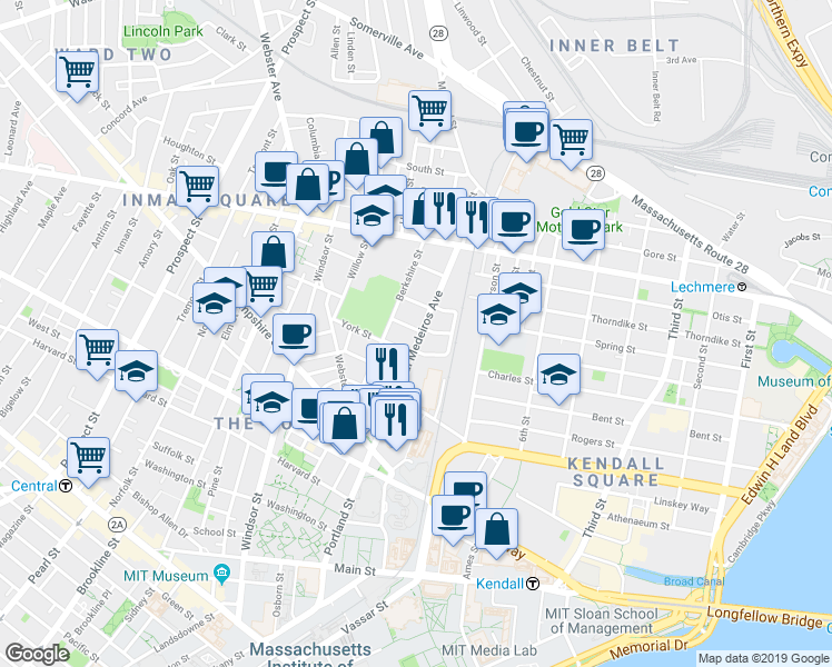map of restaurants, bars, coffee shops, grocery stores, and more near 13 Cornelius Way in Cambridge