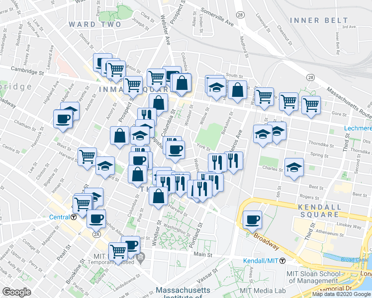 map of restaurants, bars, coffee shops, grocery stores, and more near in Cambridge
