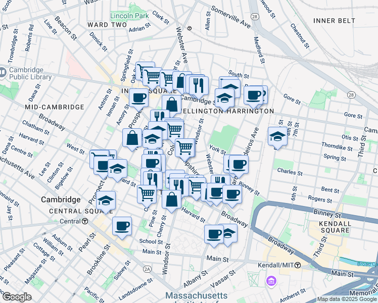 map of restaurants, bars, coffee shops, grocery stores, and more near 100 Hampshire Street in Cambridge