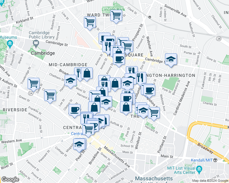 map of restaurants, bars, coffee shops, grocery stores, and more near 305 Broadway in Cambridge