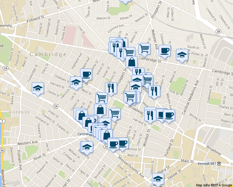 map of restaurants, bars, coffee shops, grocery stores, and more near 305 Broadway in Cambridge