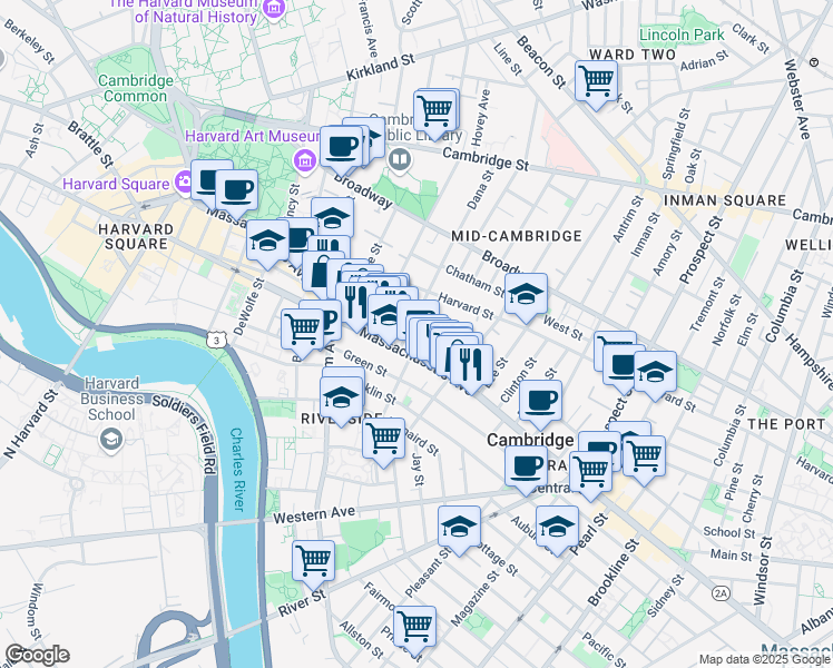 map of restaurants, bars, coffee shops, grocery stores, and more near in Cambridge