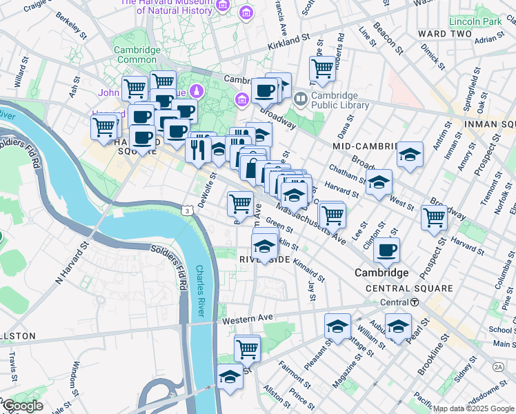 map of restaurants, bars, coffee shops, grocery stores, and more near 31 Putnam Avenue in Cambridge