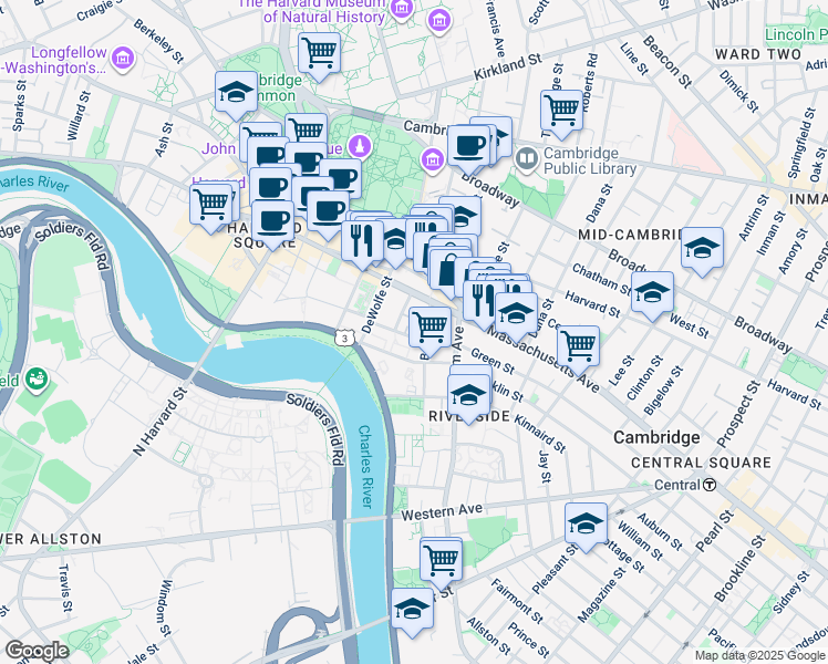 map of restaurants, bars, coffee shops, grocery stores, and more near 69 Bank Avenue in Cambridge