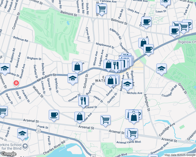 map of restaurants, bars, coffee shops, grocery stores, and more near 156 Nichols Avenue in Watertown