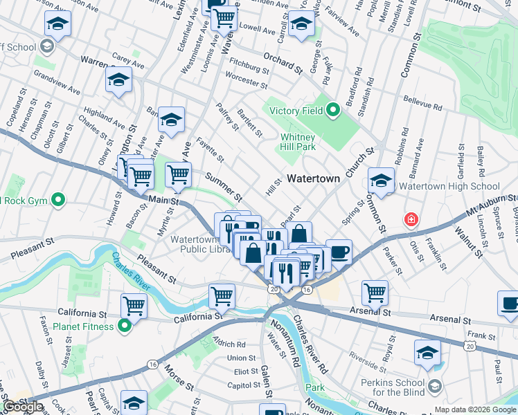 map of restaurants, bars, coffee shops, grocery stores, and more near 105 Summer Street in Watertown