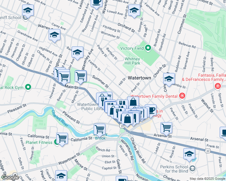 map of restaurants, bars, coffee shops, grocery stores, and more near 134 Summer Street in Watertown