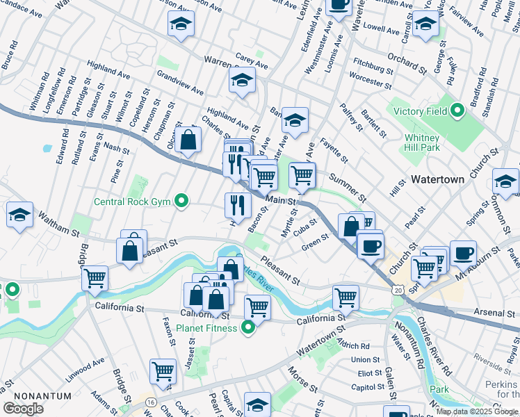 map of restaurants, bars, coffee shops, grocery stores, and more near 35 Bacon Street in Watertown