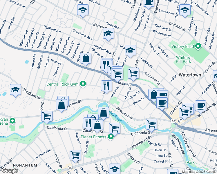 map of restaurants, bars, coffee shops, grocery stores, and more near 35 Bacon Street in Watertown