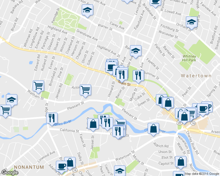 map of restaurants, bars, coffee shops, grocery stores, and more near 51 Howard Street in Watertown