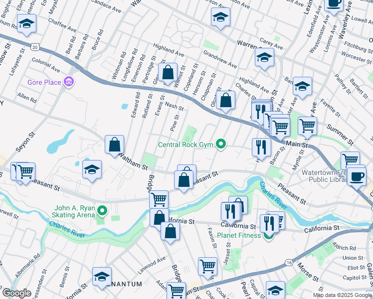 map of restaurants, bars, coffee shops, grocery stores, and more near 26 Brandley Road in Watertown
