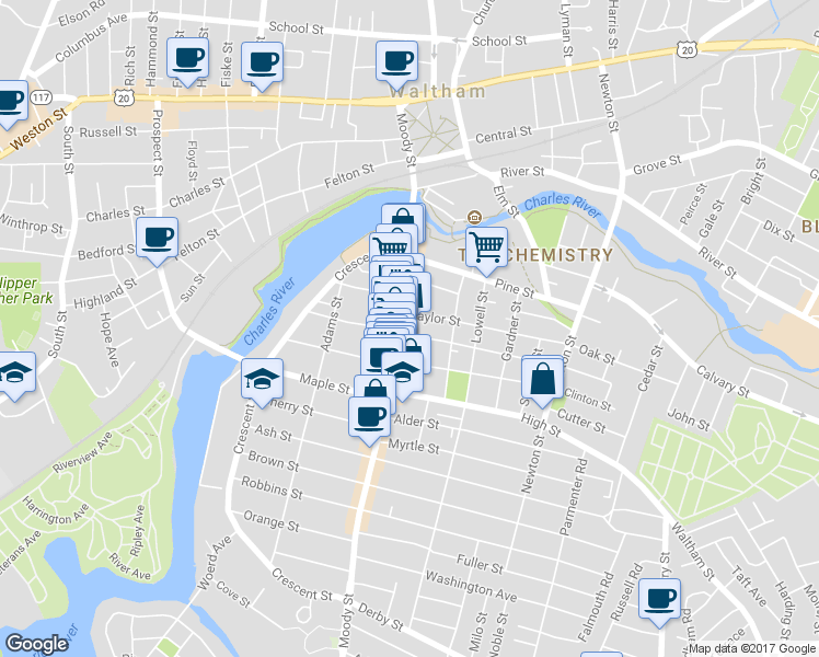 map of restaurants, bars, coffee shops, grocery stores, and more near 376 Moody Street in Waltham