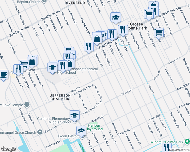 map of restaurants, bars, coffee shops, grocery stores, and more near 693 Lakewood Street in Detroit