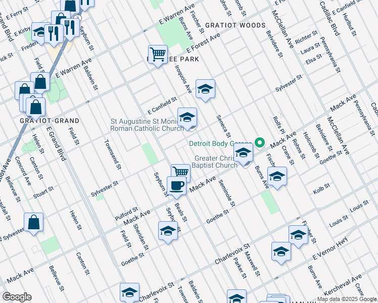 map of restaurants, bars, coffee shops, grocery stores, and more near 3711 Maxwell Street in Detroit