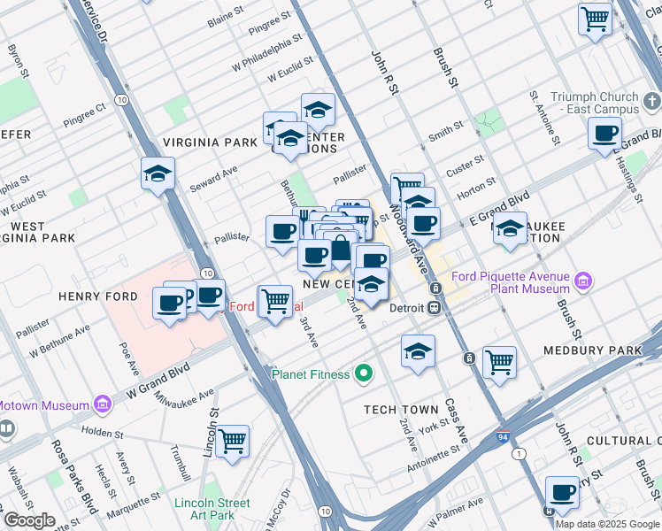 map of restaurants, bars, coffee shops, grocery stores, and more near 3011 East Grand Boulevard in Detroit