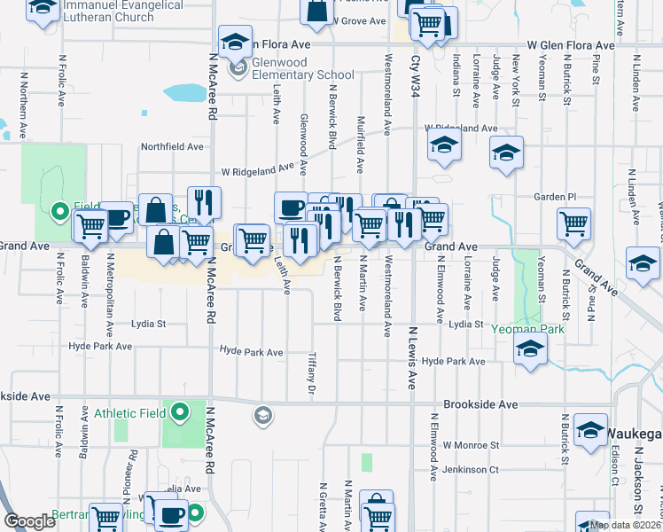 map of restaurants, bars, coffee shops, grocery stores, and more near 618 Berwick Boulevard in Waukegan