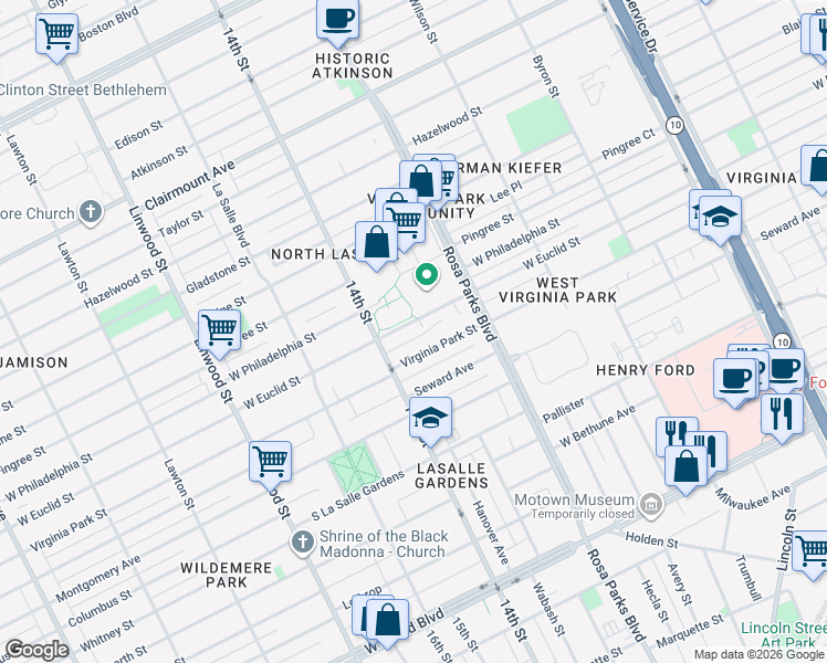 map of restaurants, bars, coffee shops, grocery stores, and more near 2021 Virginia Park Street in Detroit