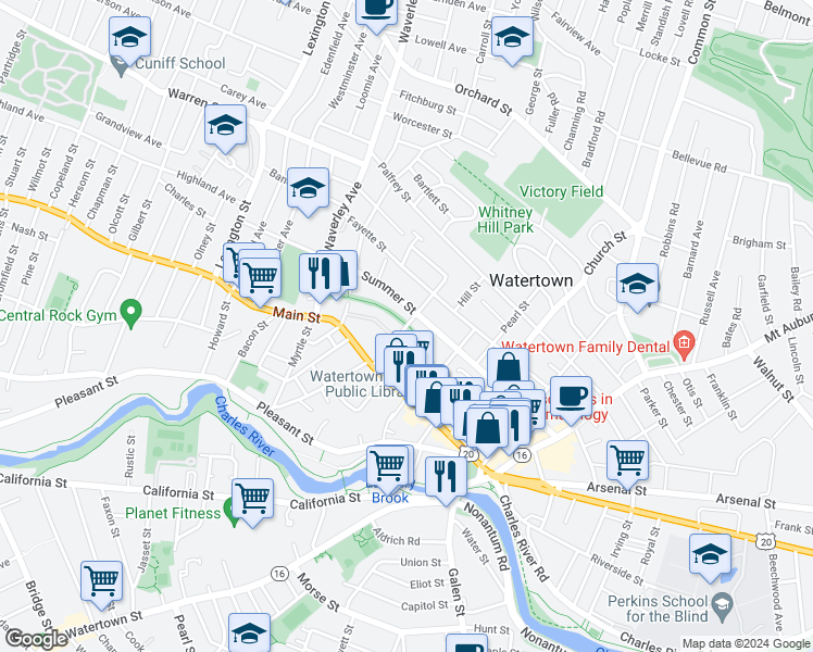 map of restaurants, bars, coffee shops, grocery stores, and more near 34 Whites Avenue in Watertown
