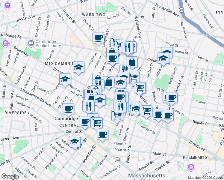 map of restaurants, bars, coffee shops, grocery stores, and more near 198-200 Norfolk Street in Cambridge