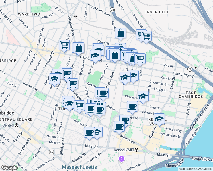 map of restaurants, bars, coffee shops, grocery stores, and more near 13 Cornelius Way in Cambridge