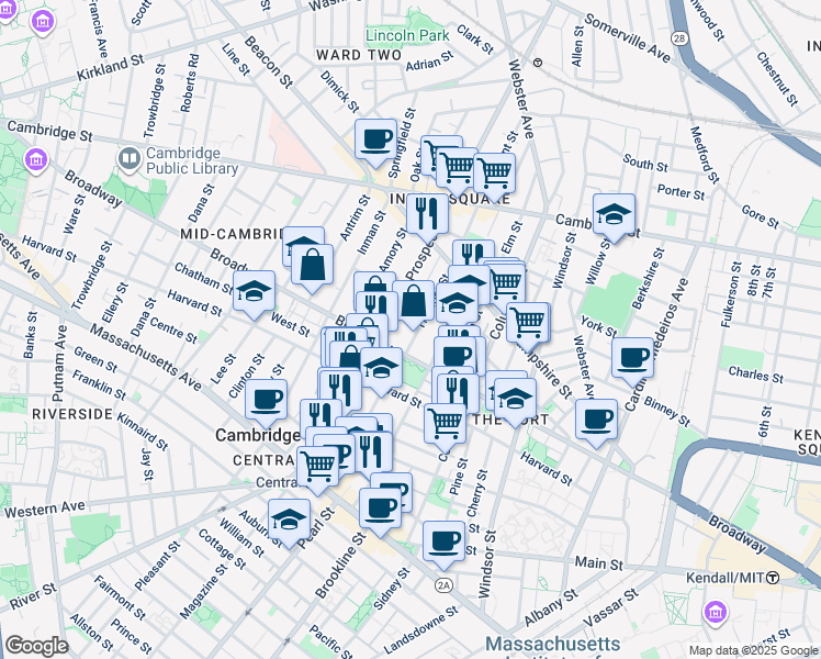 map of restaurants, bars, coffee shops, grocery stores, and more near 15 Tremont Street in Cambridge