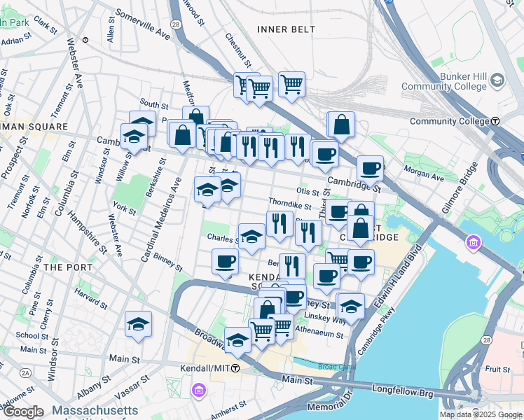 map of restaurants, bars, coffee shops, grocery stores, and more near 123 Spring Street in Cambridge