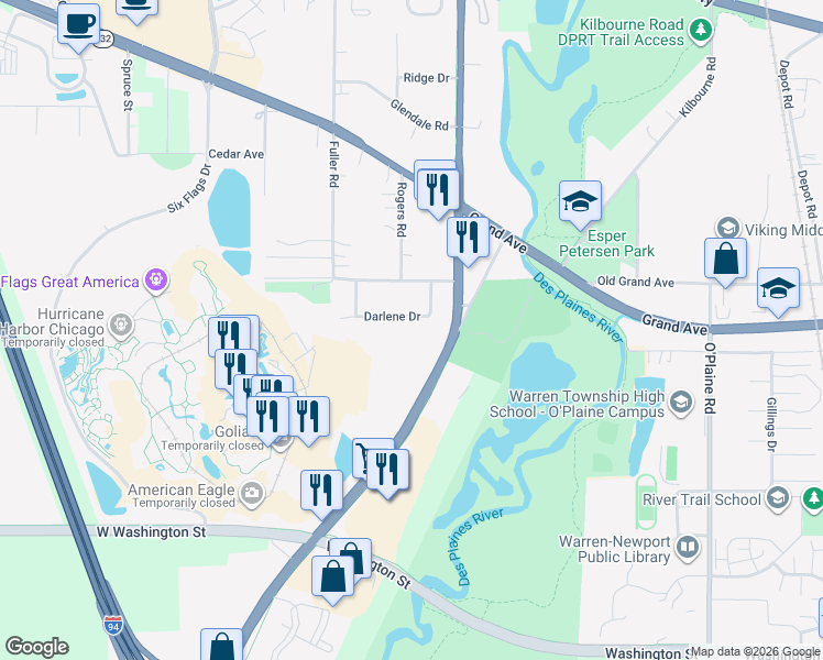map of restaurants, bars, coffee shops, grocery stores, and more near 501 North Riverside Drive in Gurnee